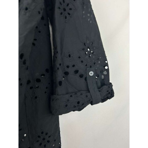 Adiva Women's Large Roll Sleeve Tab Black Eyelet Tunic Button Front Top Cover Up - Picture 16 of 16